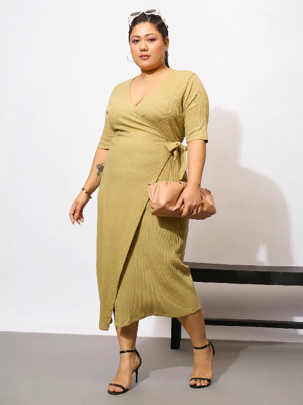 Avant-garde trend Women Khaki Rib Wrap Bodycon Midi Dress