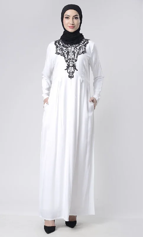 High waist design Beautiful Hand Work Neck Patch Abaya With Pockets